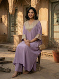 Zari Embroidered Lace Neck Flared Kaftan with Trouser