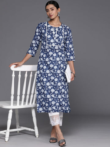 KSUT Blue Women Floral Printed Straight Kurta