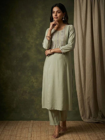Varanga Women-Thread & Sequin Embroidered Yoke Kurta With Trouser & Scallop Dupatta