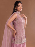 Mauve Embroidered Kurta Set Featuring Zari And Sequin Work With A Matching Flared Palazzo And Embellished Dupatta