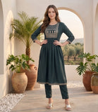 Varanga Women Grey Yoke Embroidered Straight Kurta Paired With Tonal Solid Bottom And Dupatta