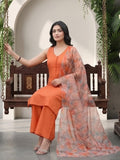 Sleeveless Orange Kurta with Floral Dupatta and  Pants