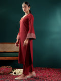 Varanga Women Maroon Solid V-Neck  Embellished With Gota Straight Kurta Paired With Tonal Bottom And Dupatta