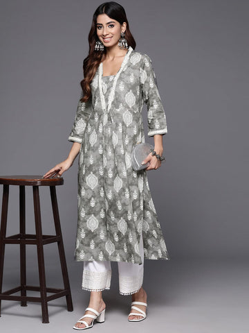 Varanga Women Grey Printed V-Neck Lace Embellished Straight Kurta
