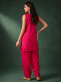 Rani Pink Solid V Neck Short Kurta With Farsi Salwar And Dupatta.