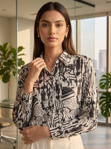 White Coloured Slim Collar Long Sleeves Geometric Shirt