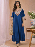 Zari Embroidered Lace Neck Flared Kaftan with Trouser