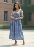 Classic ikat print Aliya-cut kurta in blue and white, teamed with regular-fit ankle-length trousers.