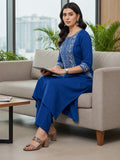 Women Blue Shirt-Style Kurta With Trousers