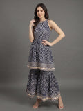 Blue And White Leheriya Halter Neckline Gota Work Kurta With Sharara And Sequins Emebllished Dupatta