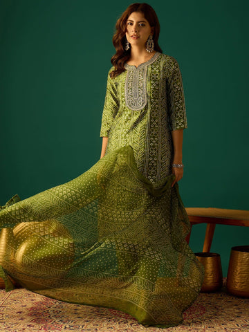 Kurta With Zari-Embroidered Yoke, Paired With Trousers And A Solid Lace-Detailed Dupatta