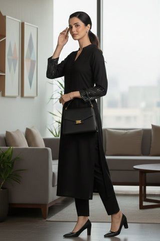 Black Mandarin Witn V Neck Anarkali Front Slit Detailing With Trouser