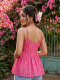 Varanga Women's Fuchsia Pink Floral Block-Print Peplum Top