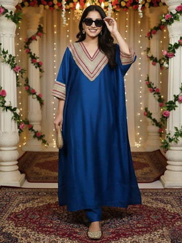 Zari Embroidered Lace Neck Flared Kaftan with Trouser