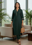 Varanga Women Green Mandarin Collar Thread Embroidered With Pleate Deatialing Kurta Paired With Bottom