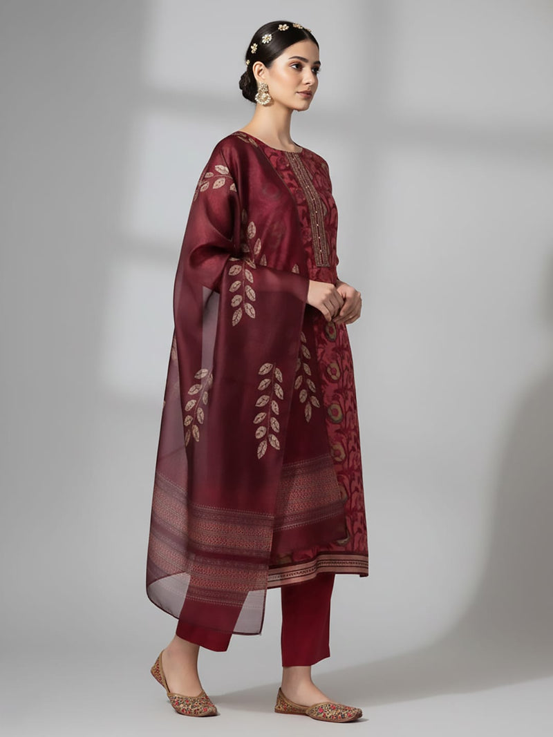 Varanga Women Maroon Floral Printed Kurta, Round Neck Straight Kurta Paired With Tonal Bottom And Printed Dupatta.