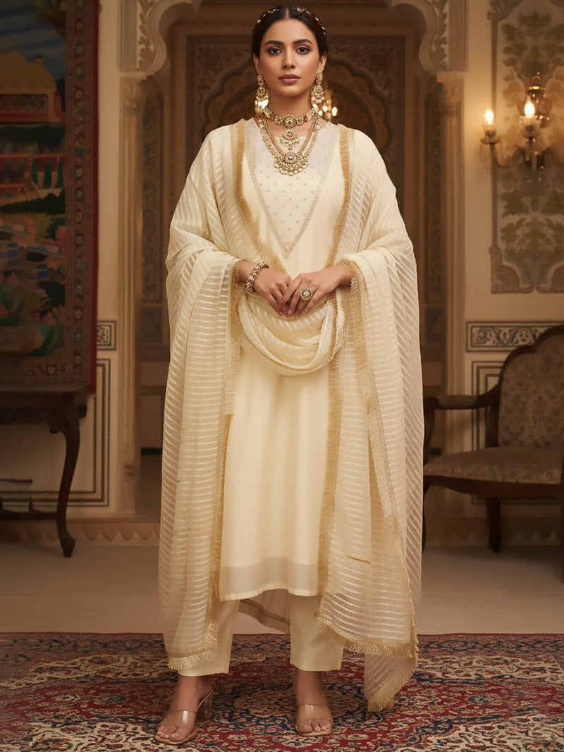 Varanga Women Zari Embroidered And Sequence Embellished With Organza Detailed Kurta With Bottom And Dupatta