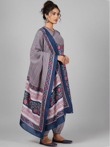 Varanga Women Ethnic Floral Printed V Neck Kurta With Stripper Trouser & Dupatta