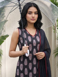 Black Sleeveless Kurta Set with Printed Trousers & Chiffon Dupatta