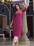 Women's Purple Yoke Embroidered Straight Kurta