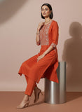 Rust Orange Embroidered Flared Flex Kurti