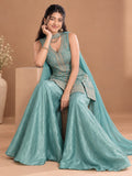 Sea Blue Embroidered Kurta Set Featuring Zari And Sequin Work With A Matching Flared Palazzo And Embellished Dupatta
