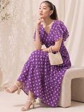 Women's Purple Ethnic Print Tiered Maxi Dress With Flutter Sleeves