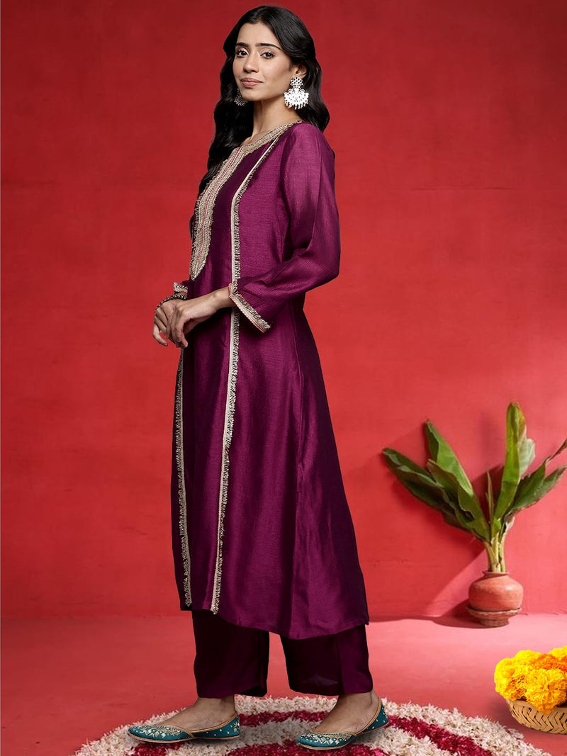 Varanga Women Wine Zari Lace Embellished Anarkali Kurta With Trousers And Tissue Dupatta.
