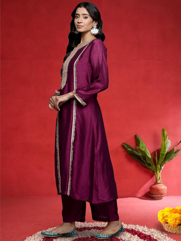 Varanga Women Wine Zari Lace Embellished Anarkali Kurta With Trousers And Tissue Dupatta.