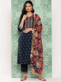 Varanga Women Blue Floral Embroidered Regular Sequinned Round Neck Kurta with Trousers & With Dupatta