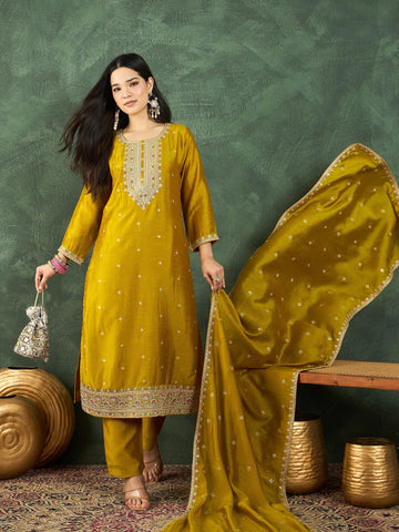 Kurta With Intricate Zari-Embroidered Yoke Is Paired With Ankle-Length Solid Trousers And A Matching Zari-Accented Dupatta