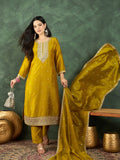Kurta With Intricate Zari-Embroidered Yoke Is Paired With Ankle-Length Solid Trousers And A Matching Zari-Accented Dupatta