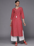 Red cotton printed kurta with dori & tassels detailing
