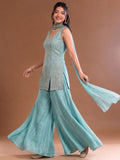 Sea Blue Embroidered Kurta Set Featuring Zari And Sequin Work With A Matching Flared Palazzo And Embellished Dupatta