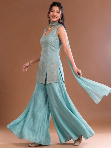 Sea Blue Embroidered Kurta Set Featuring Zari And Sequin Work With A Matching Flared Palazzo And Embellished Dupatta