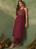 Womens Maroon Halter-Neck Embroidered Anarkali Set