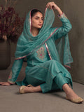 Teal Blue Silk-Blend Embroidered A-Line Kurta With Trousers