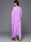 Varanga Women Lavender Floral Printed Embroidered Kurta Paired With Bottom And Dupatta