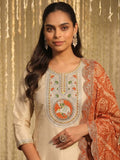 Off-White Embroidered Kurta Set With Printed Scallop Border Dupatta