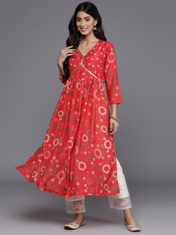 KSUT Women Red Floral Printed Sequin Embellished A-Line Kurta With Three Quater Sleeves