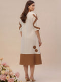 Off-White Color-Block A-Line Dress Featuring Handcrafted Floral Appliqué Work