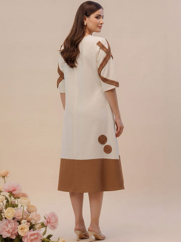 Off-White Color-Block A-Line Dress Featuring Handcrafted Floral Appliqué Work