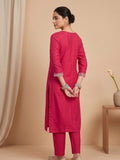 Fuchsia Straight-Fit Kurta Set With Solid Ankle-Length Trousers And An Embroidered Dupatta