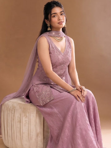 Women's Embroidered Shimmer Short Kurta With Palazzo And Dupatta