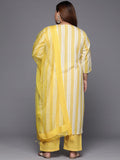 varanga women plus size yellow embroidered striped kurta with trousers dupatta