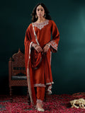 Varanga Women Rust Embroidered Straight Kurta With Bottom And Dupatta