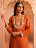 Women Rust Embroidered Kurta Set With Striped Dupatta