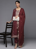 Varanga Women Maroon Embroidered Kurta Paired With Tonal Bottom And Dupatta