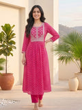 Bandhani-Printed Fuchsia Anarkali With Zari-Embroidered Yoke, Paired With Solid Trousers And Dupatta .