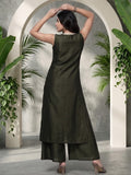 Varanga Women Olive Green Lace Embellished Sleeveless Straight Kurta Paired With Tonal Plazzo And Dupatta